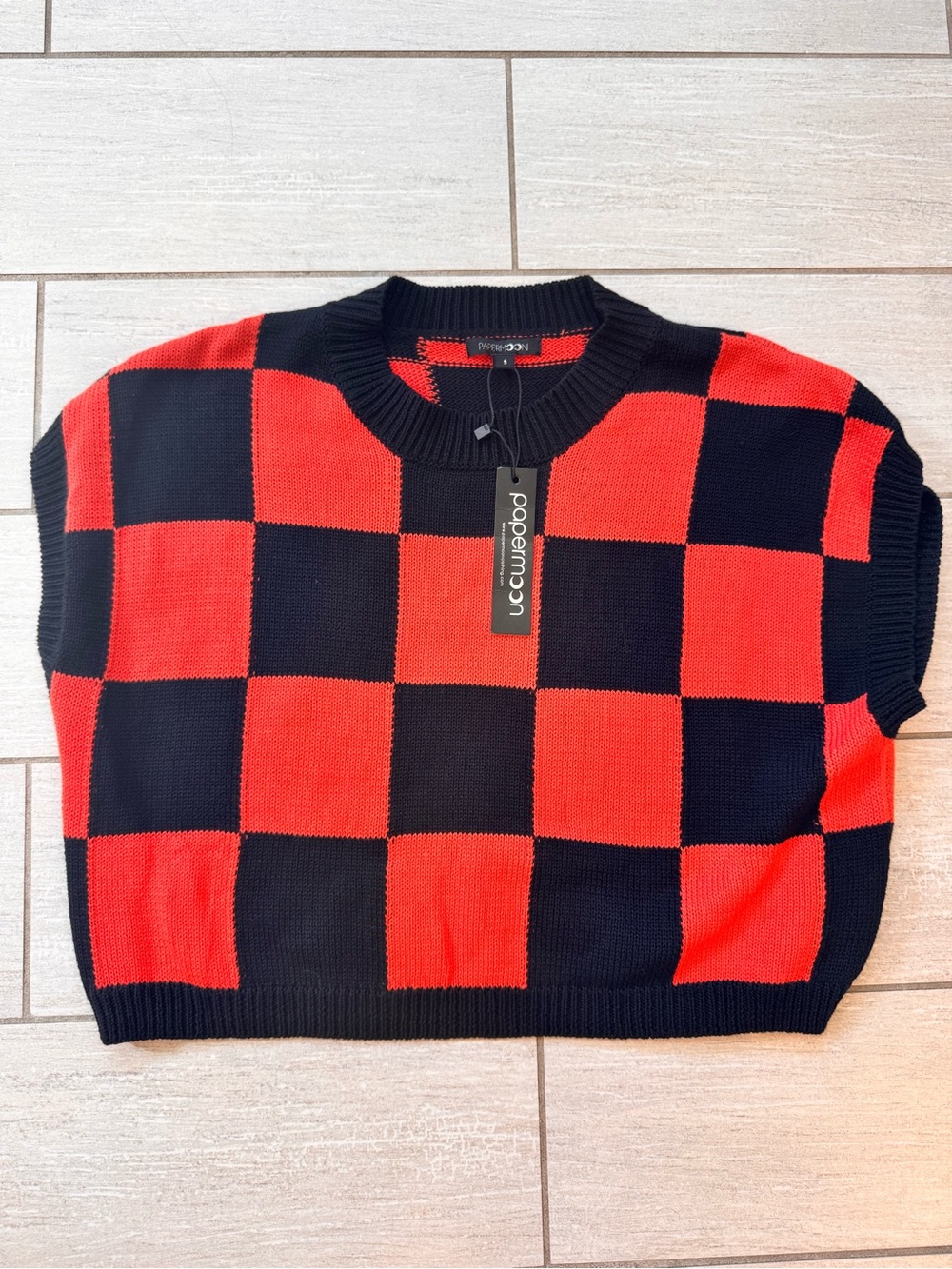 Papermoon Red and Black Checkerboard Crewneck Sweater